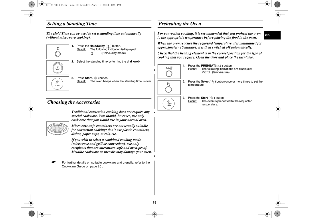 Samsung C109STC-5/XEE, C109STC/XEE manual Setting a Standing Time Preheating the Oven, Choosing the Accessories 