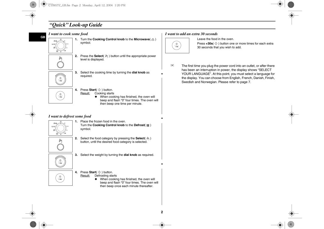 Samsung C109STC/XEE, C109STC-5/XEE manual Quick Look-up Guide, Turn the Cooking Control knob to the Microwave symbol 