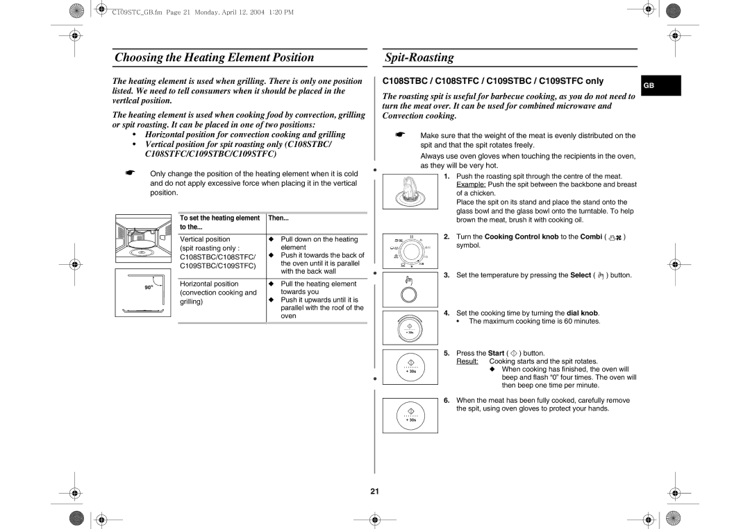 Samsung C109STC-5/XEE, C109STC/XEE manual Choosing the Heating Element Position, Spit-Roasting 