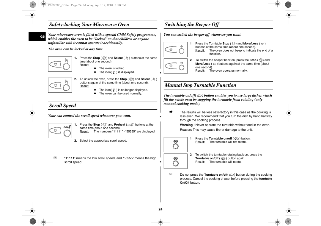 Samsung C109STC/XEE, C109STC-5/XEE manual Safety-locking Your Microwave Oven Switching the Beeper Off, Scroll Speed 