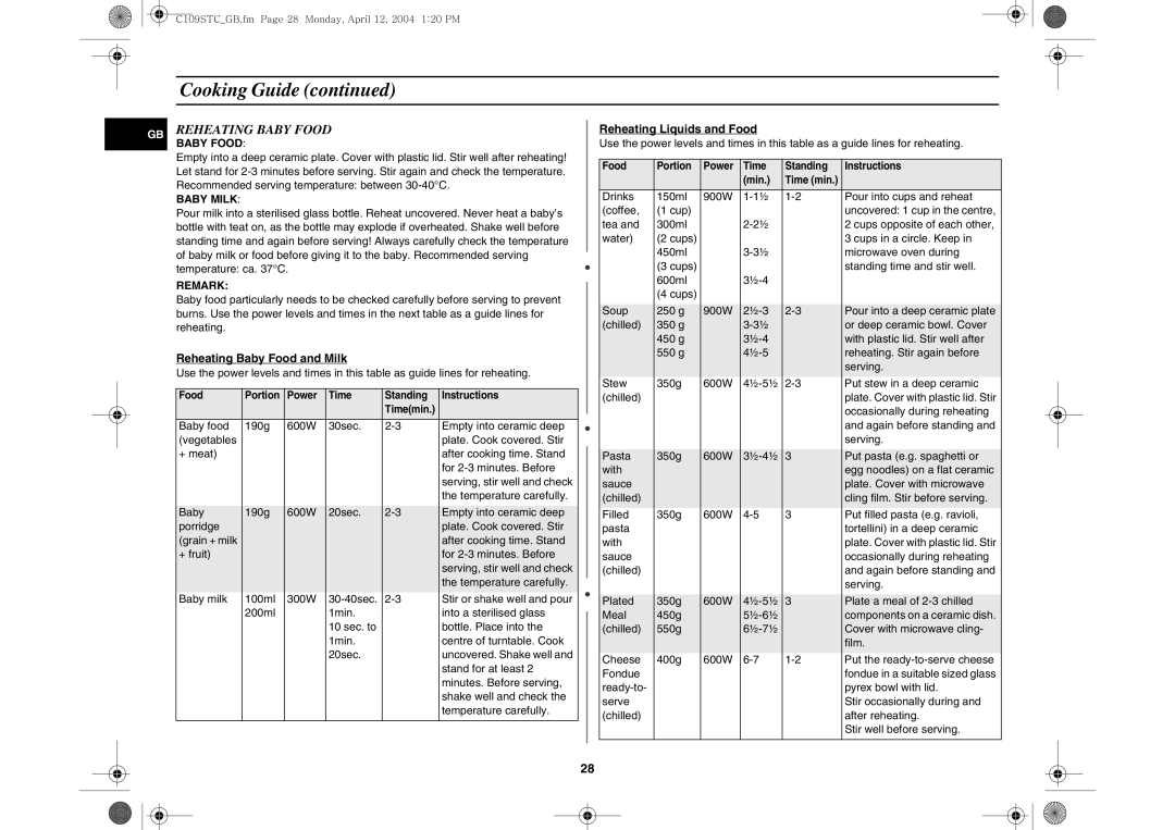 Samsung C109STC/XEE, C109STC-5/XEE manual Reheating Baby Food and Milk, Reheating Liquids and Food 