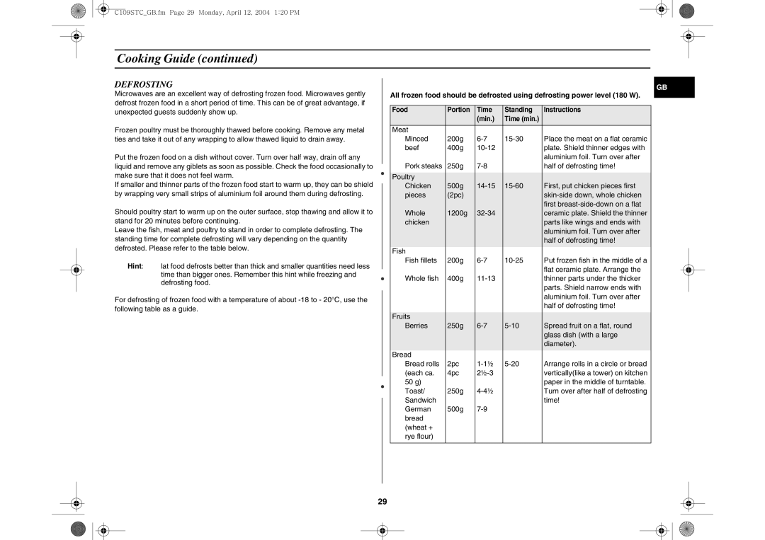 Samsung C109STC-5/XEE, C109STC/XEE manual Defrosting 