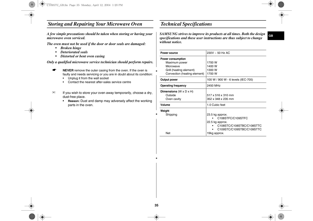 Samsung C109STC-5/XEE, C109STC/XEE manual Dimensions W x D x H 