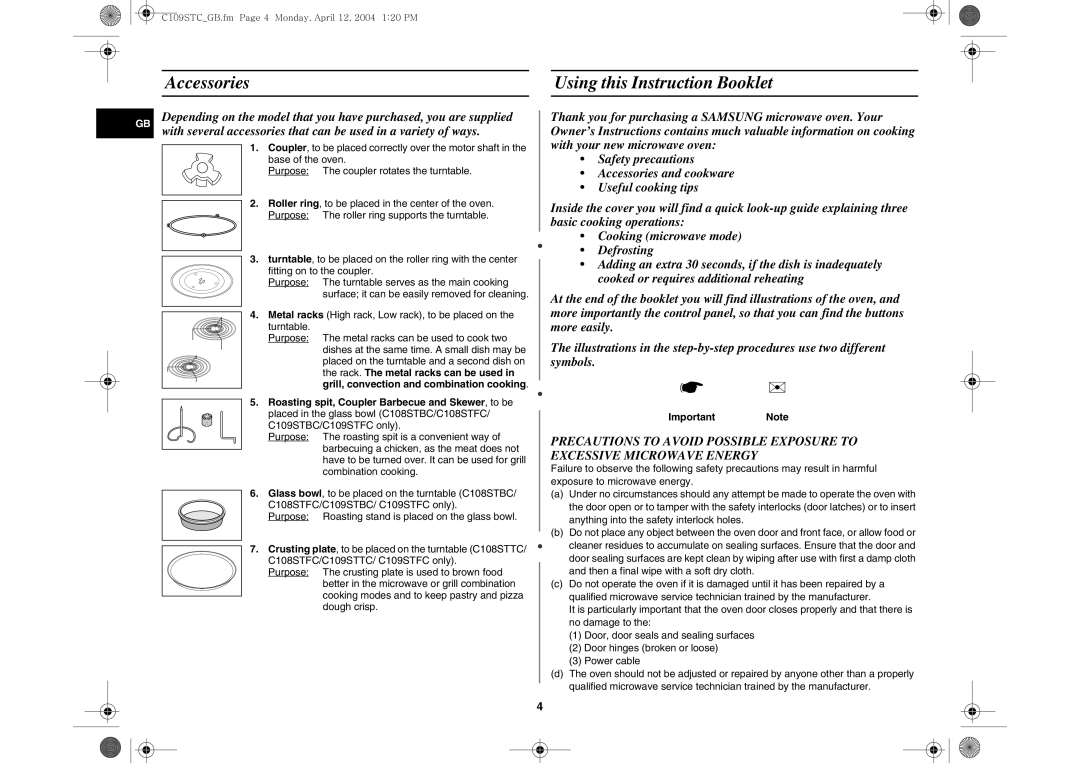 Samsung C109STC/XEE, C109STC-5/XEE manual Accessories Using this Instruction Booklet, Important Note 