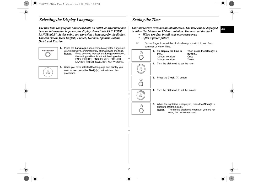 Samsung C109STC-5/XEE, C109STC/XEE manual Selecting the Display Language, Setting the Time, To display the time, Button 