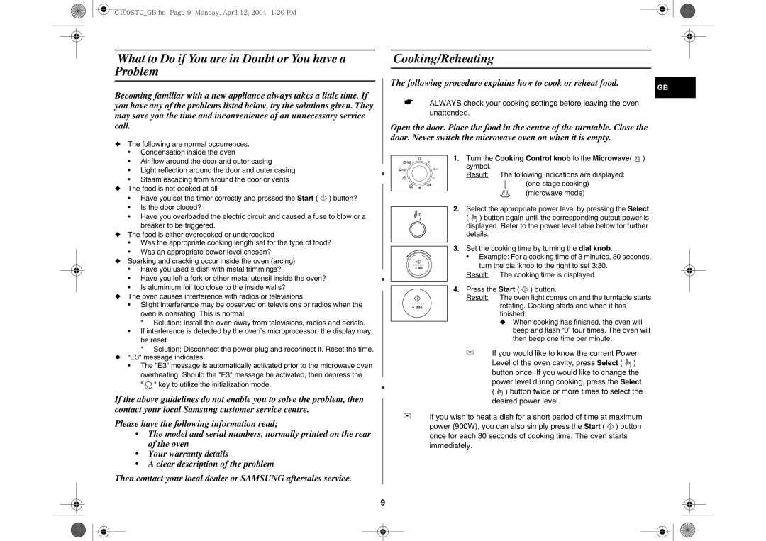 Samsung C109STC-5/XEE, C109STC/XEE manual What to Do if You are in Doubt or You have a Problem, Cooking/Reheating 