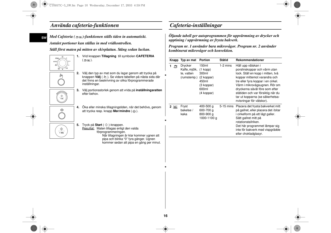 Samsung C109STC/XEE, C109STC-5/XEE manual Använda cafeteria-funktionen Cafeteria-inställningar 