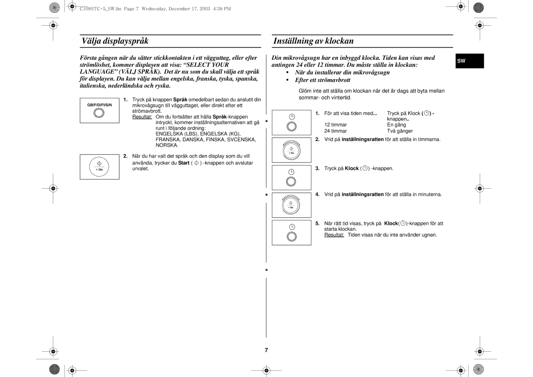 Samsung C109STC-5/XEE, C109STC/XEE manual Välja displayspråk Inställning av klockan 