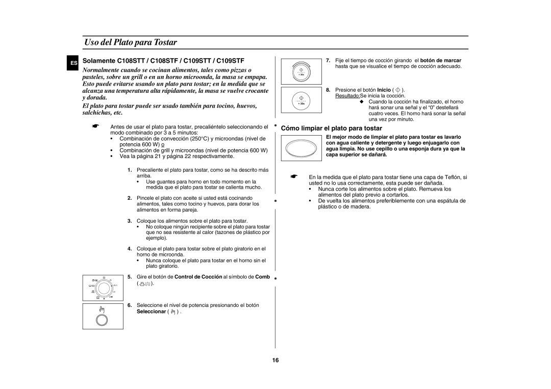 Samsung C109STF-5/XEC, C109ST/XEC manual Uso del Plato para Tostar, Seleccionar 