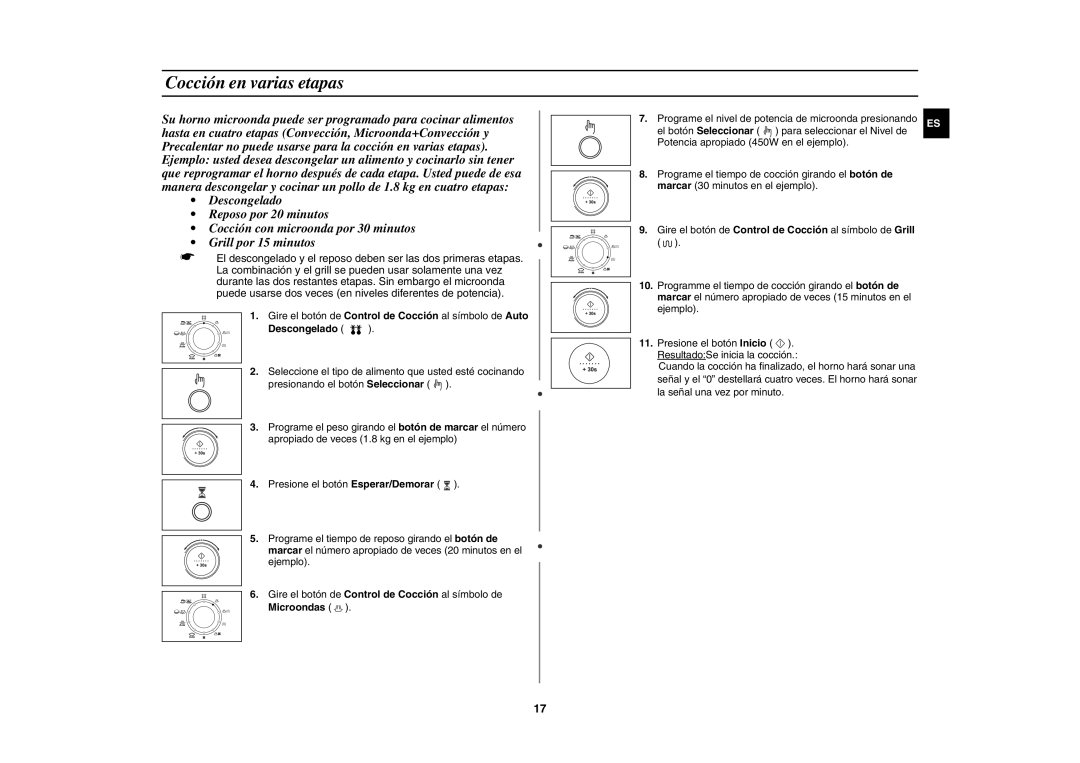 Samsung C109ST/XEC, C109STF-5/XEC manual Cocción en varias etapas, Descongelado 