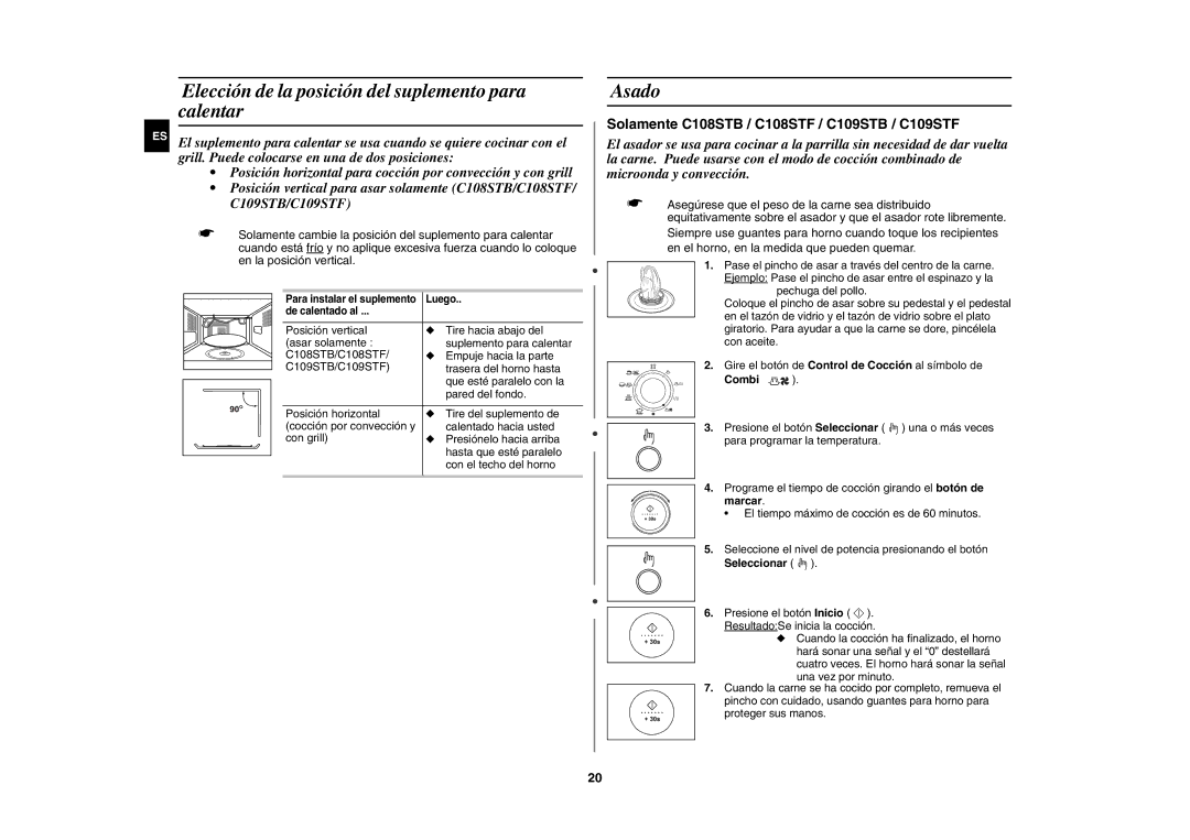 Samsung C109STF-5/XEC, C109ST/XEC manual Elección de la posición del suplemento para calentar, Asado, Combi 