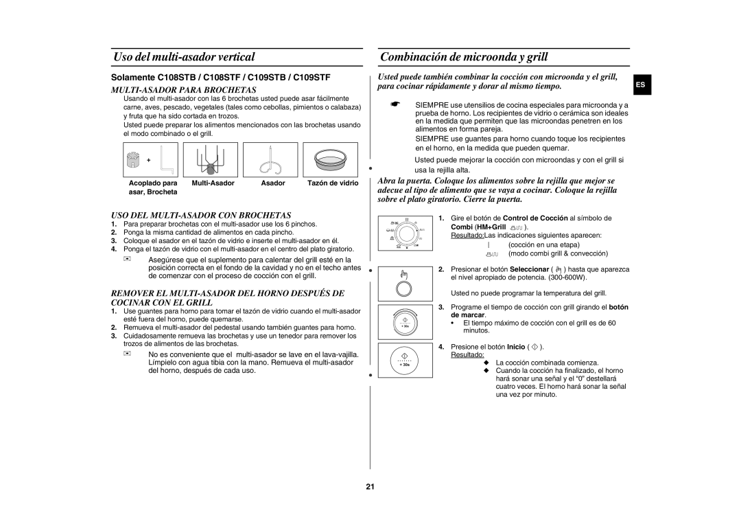 Samsung C109ST/XEC manual Uso del multi-asador vertical, Combinación de microonda y grill, MULTI-ASADOR Para Brochetas 