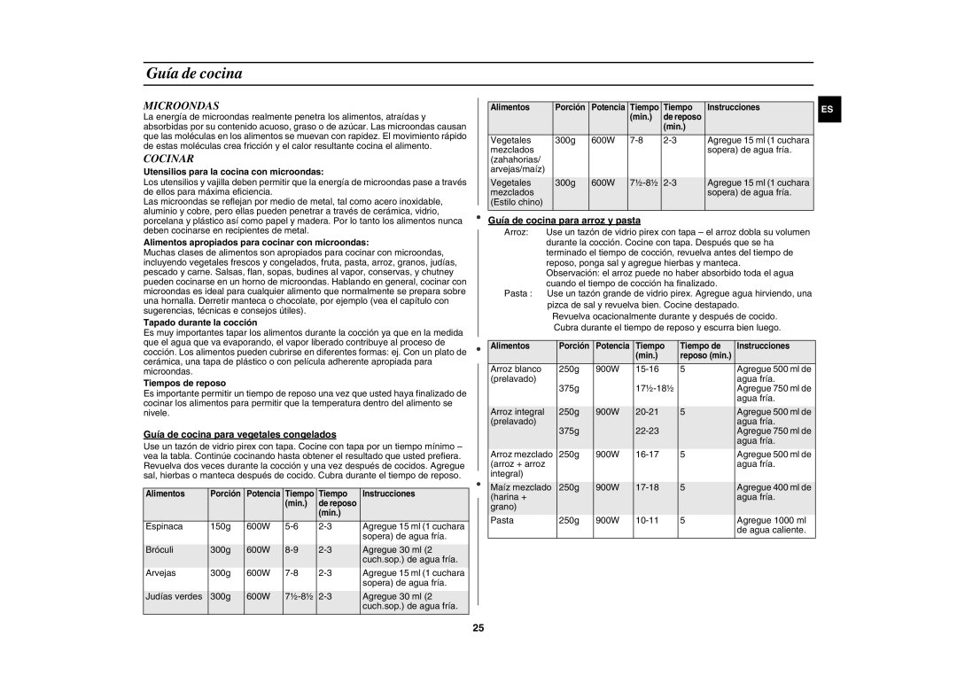 Samsung C109ST/XEC, C109STF-5/XEC manual Guía de cocina, Microondas, Cocinar 