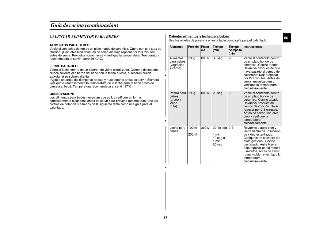 Samsung C109ST/XEC, C109STF-5/XEC manual Calentar Alimentos Para Bebes, Calentar alimentos y leche para bebés 