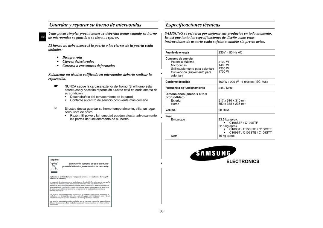 Samsung C109STF-5/XEC, C109ST/XEC manual Dimensiones ancho x alto Profundidad 