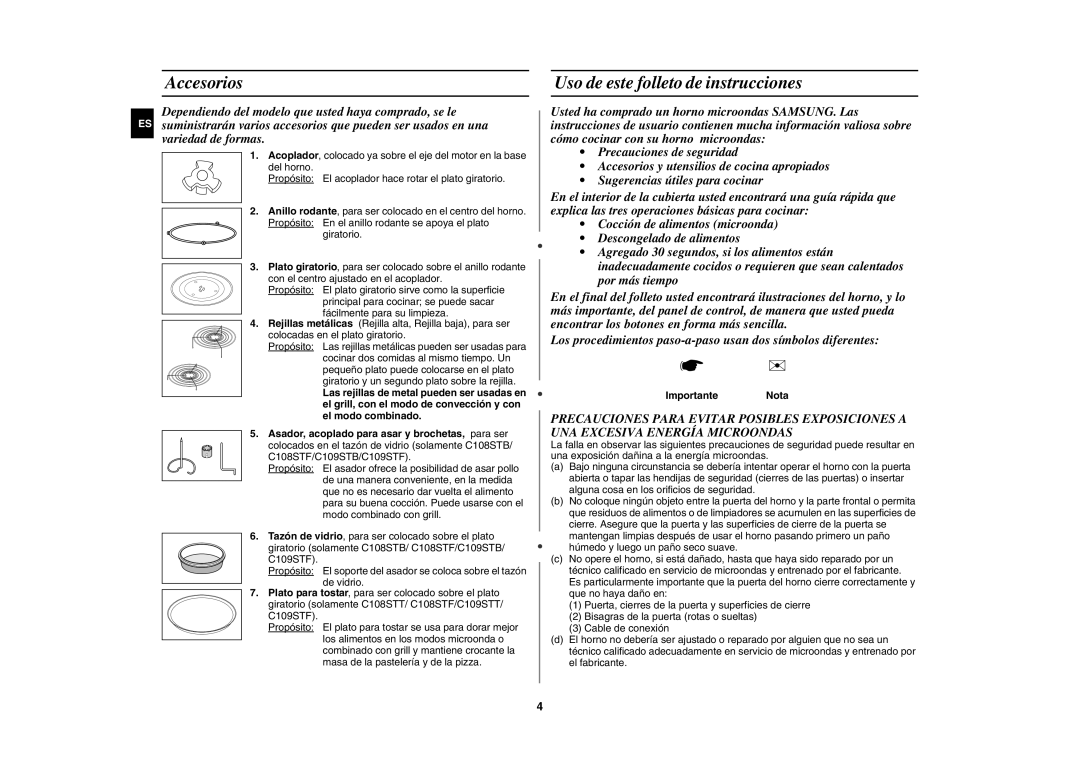 Samsung C109STF-5/XEC, C109ST/XEC manual Accesorios, Uso de este folleto de instrucciones, Importante Nota 