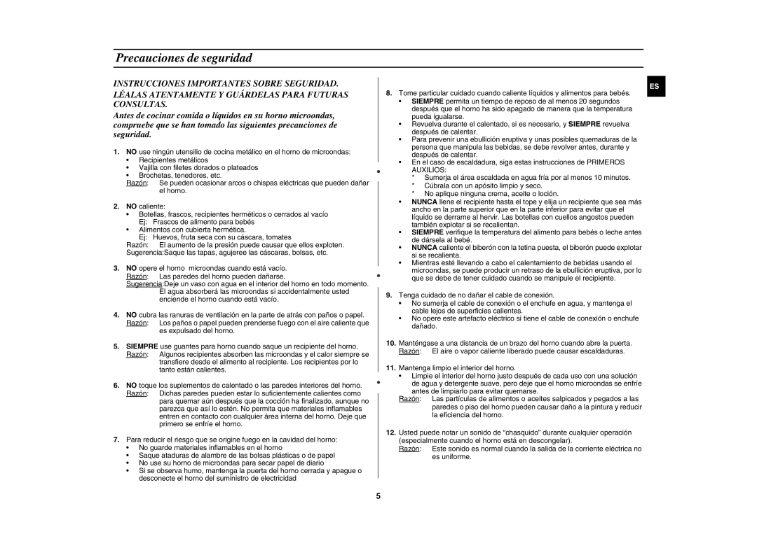 Samsung C109ST/XEC, C109STF-5/XEC manual Precauciones de seguridad, Mantenga limpio el interior del horno 