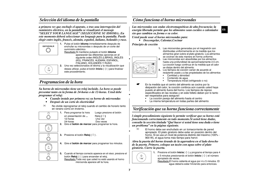 Samsung C109ST/XEC manual Selección del idioma de la pantalla, Programacion de la hora, Cómo funciona el horno microondas 