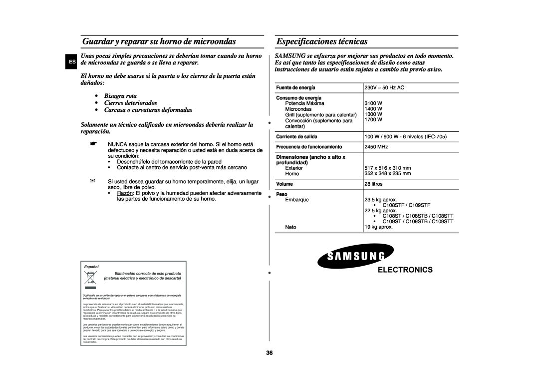 Samsung C109STF-5/XEC, C109ST/XEC manual Guardar y reparar su horno de microondas, Especificaciones técnicas 