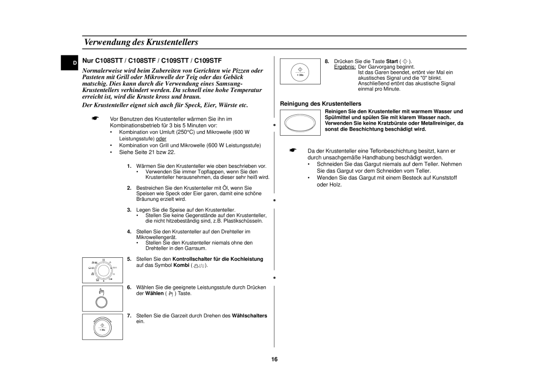 Samsung C109STF/XEG, C109STF-5/XEG manual Verwendung des Krustentellers, Nur C108STT / C108STF / C109STT / C109STF 