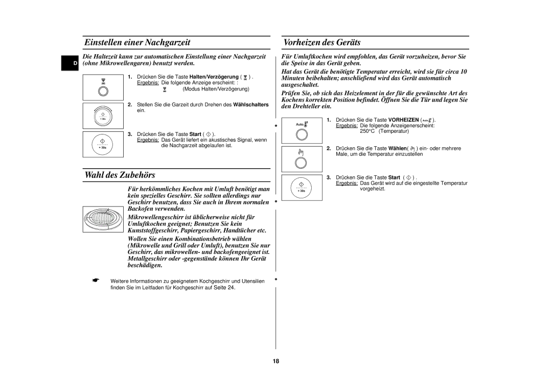 Samsung C109STF/XEG, C109STF-5/XEG manual Einstellen einer Nachgarzeit, Wahl des Zubehörs, Vorheizen des Geräts 