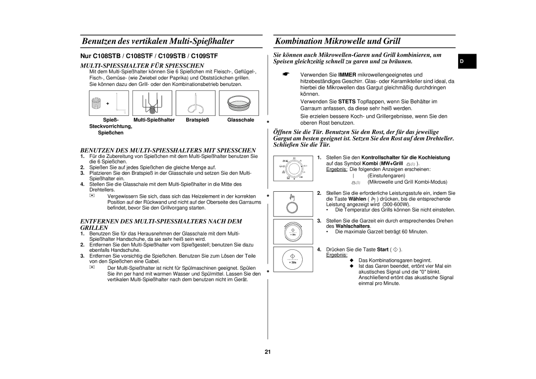 Samsung C109STF-5/XEG, C109STF/XEG manual Benutzen des vertikalen Multi-Spießhalter, Kombination Mikrowelle und Grill 