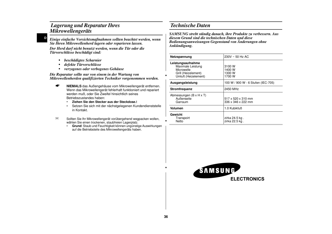 Samsung C109STF/XEG, C109STF-5/XEG manual Lagerung und Reparatur Ihres Mikrowellengeräts, Technische Daten 