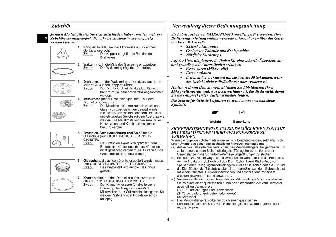 Samsung C109STF/XEG, C109STF-5/XEG manual Zubehör, Verwendung dieser Bedienungsanleitung, Wichtig Bemerkung 