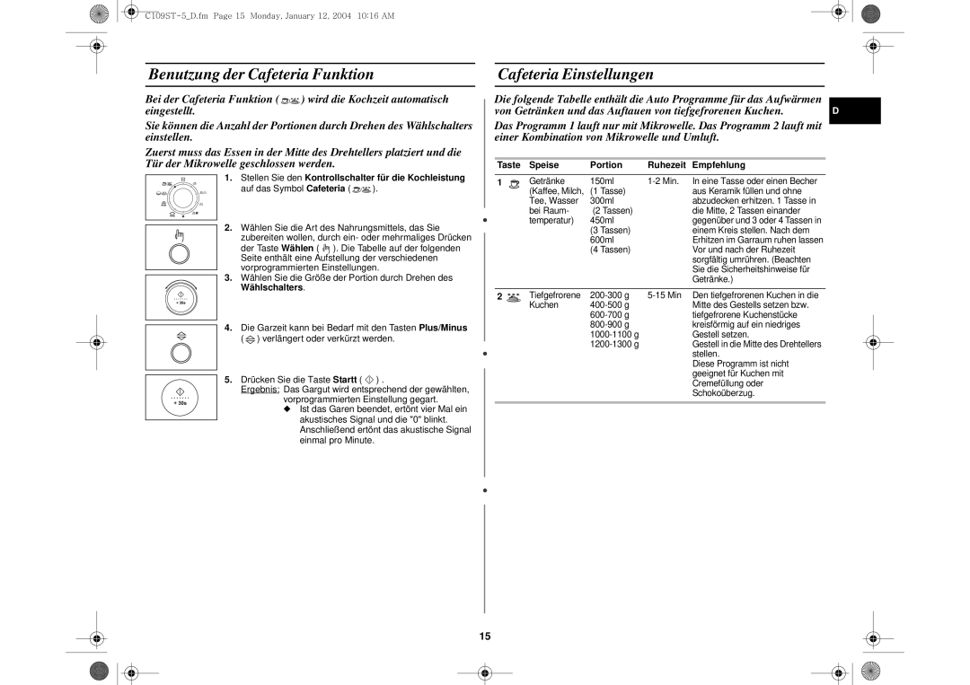 Samsung C109STF-5/XEG Benutzung der Cafeteria Funktion, Cafeteria Einstellungen, Taste Speise Portion Ruhezeit Empfehlung 
