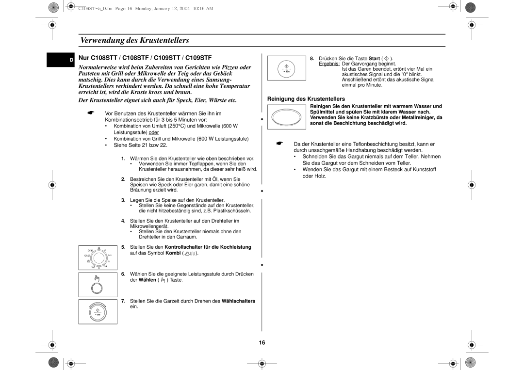 Samsung C109STF/XEG, C109STF-5/XEG manual Verwendung des Krustentellers, Nur C108STT / C108STF / C109STT / C109STF 