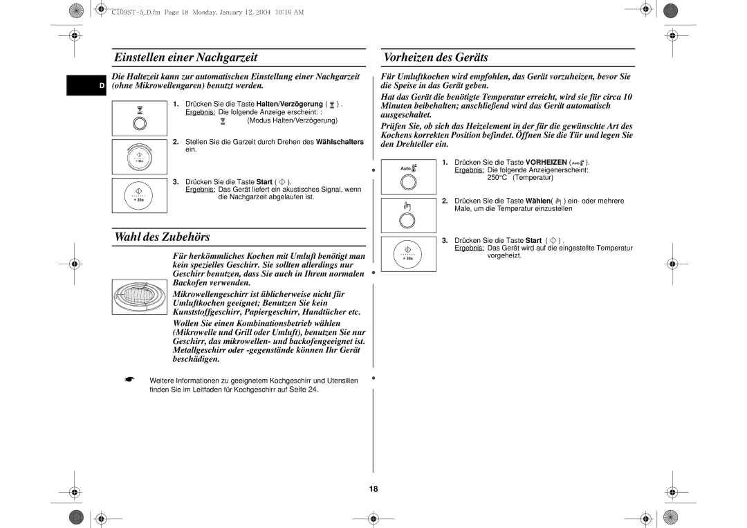 Samsung C109STF/XEG, C109STF-5/XEG manual Einstellen einer Nachgarzeit Vorheizen des Geräts, Wahl des Zubehörs 