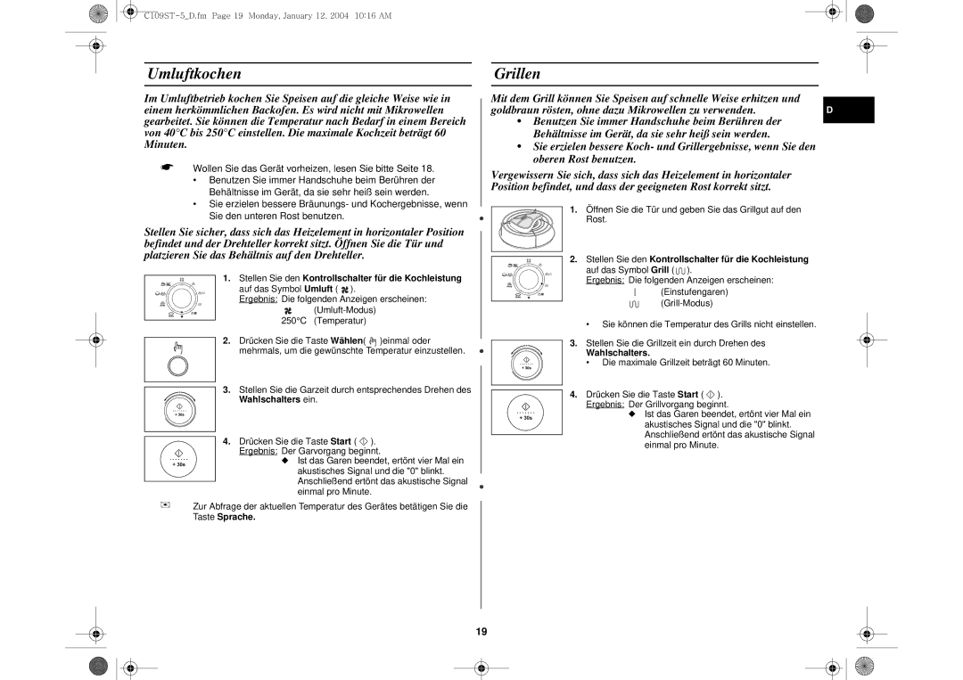 Samsung C109STF-5/XEG, C109STF/XEG manual Umluftkochen, Grillen, Wahlschalters 