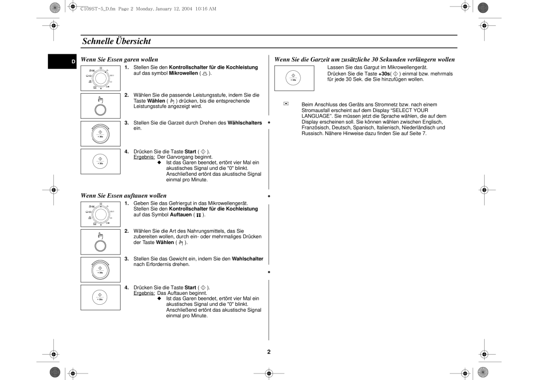 Samsung C109STF/XEG, C109STF-5/XEG manual Schnelle Übersicht, Wenn Sie Essen garen wollen 