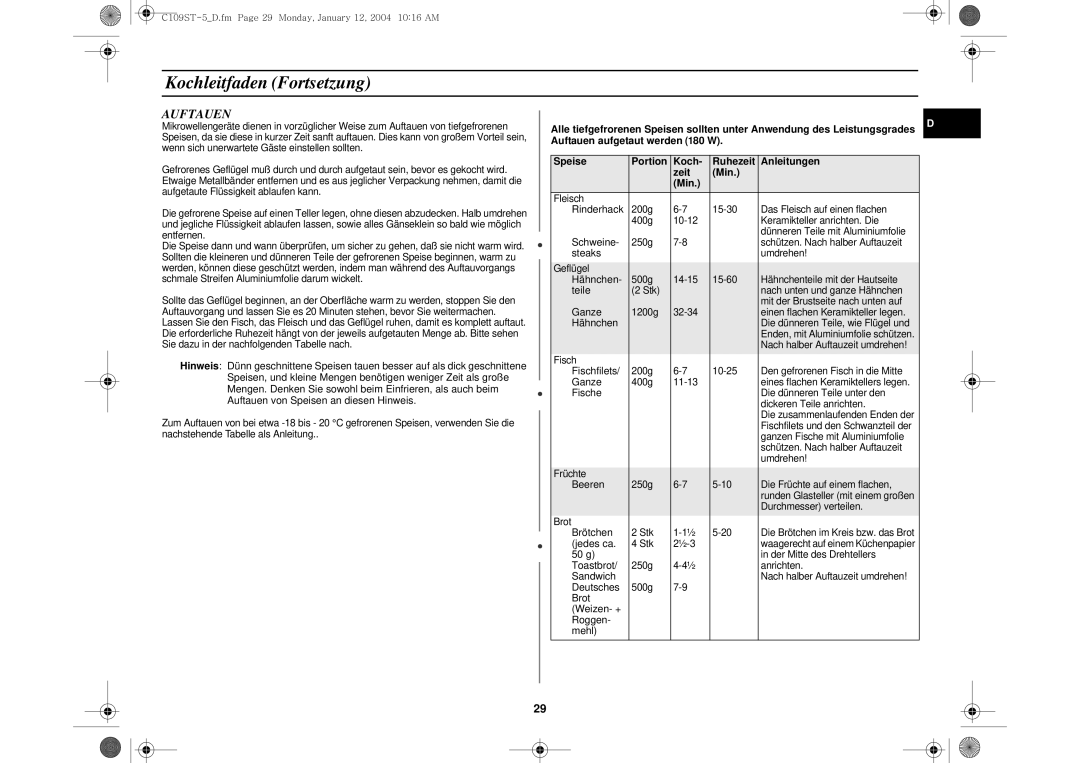 Samsung C109STF-5/XEG, C109STF/XEG manual Auftauen, Zeit Min 