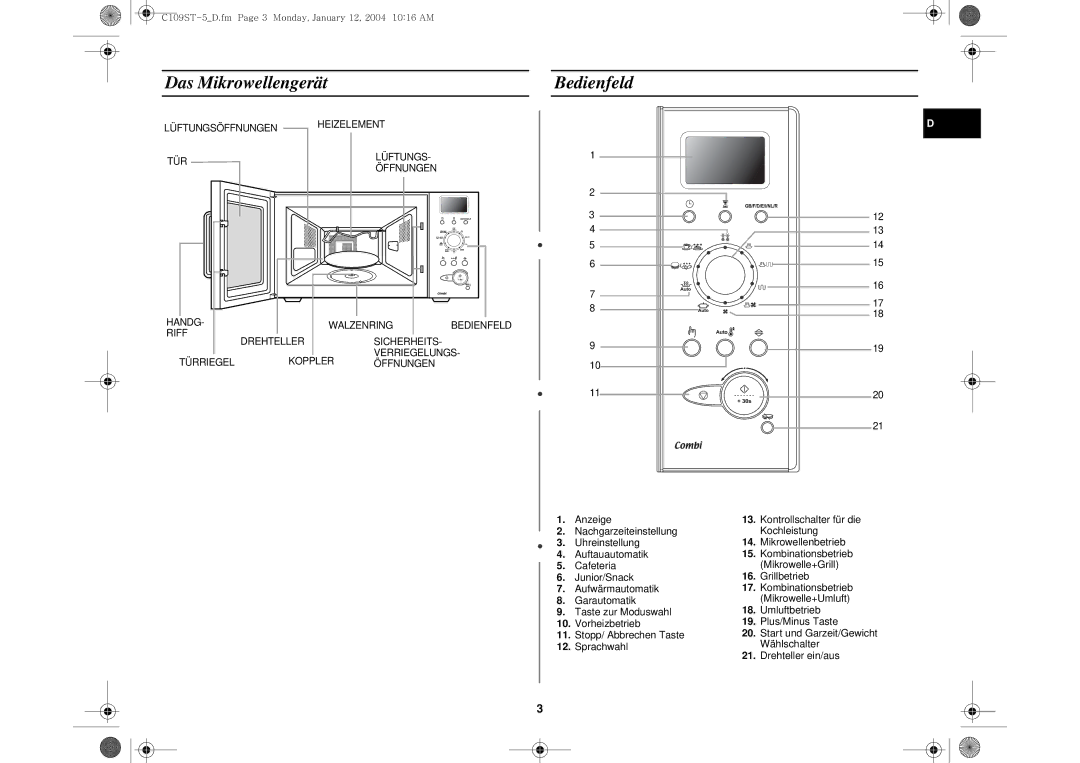 Samsung C109STF-5/XEG, C109STF/XEG manual Das Mikrowellengerät, Bedienfeld 