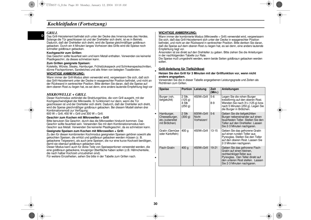 Samsung C109STF/XEG, C109STF-5/XEG manual Mikrowelle + Grill 