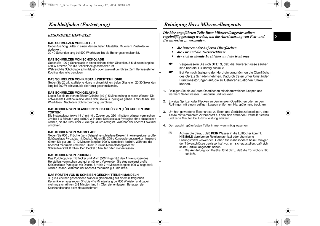 Samsung C109STF-5/XEG, C109STF/XEG manual Reinigung Ihres Mikrowellengeräts, Besondere Hinweise 