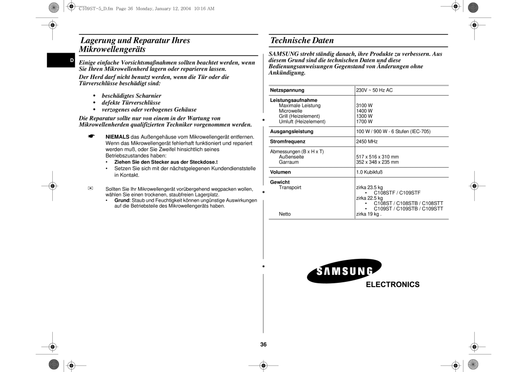 Samsung C109STF/XEG, C109STF-5/XEG manual Lagerung und Reparatur Ihres Mikrowellengeräts, Technische Daten 