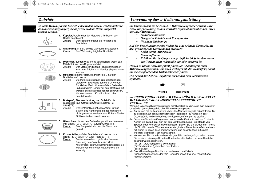 Samsung C109STF/XEG, C109STF-5/XEG manual Zubehör, Verwendung dieser Bedienungsanleitung, Wichtig Bemerkung 