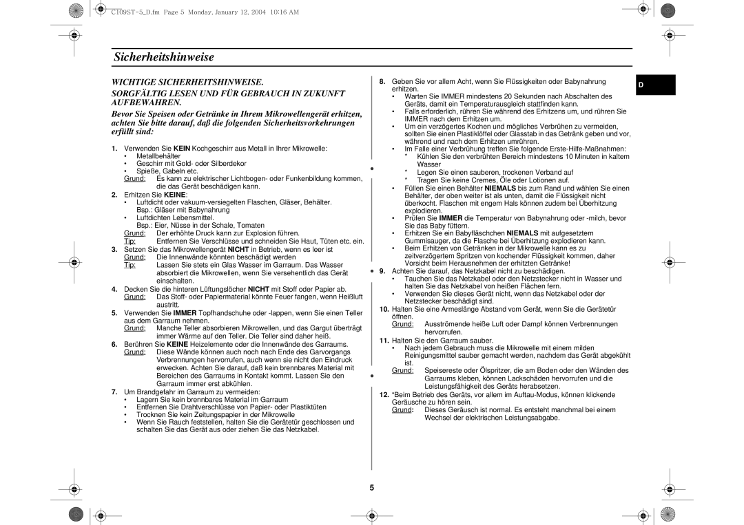 Samsung C109STF-5/XEG, C109STF/XEG manual Sicherheitshinweise 