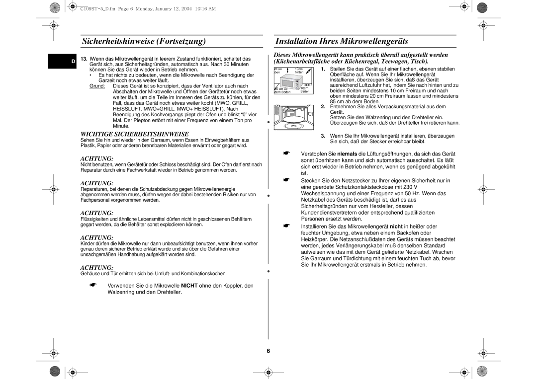 Samsung C109STF/XEG, C109STF-5/XEG manual Wichtige Sicherheitshinweise, Achtung 