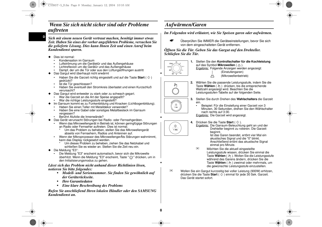 Samsung C109STF/XEG, C109STF-5/XEG manual Wenn Sie sich nicht sicher sind oder Probleme auftreten, Aufwärmen/Garen 