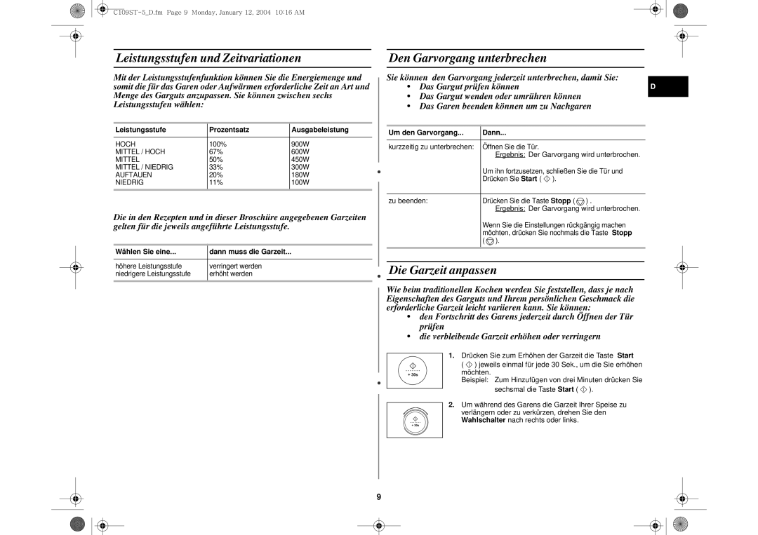 Samsung C109STF-5/XEG, C109STF/XEG Leistungsstufen und Zeitvariationen, Den Garvorgang unterbrechen, Die Garzeit anpassen 