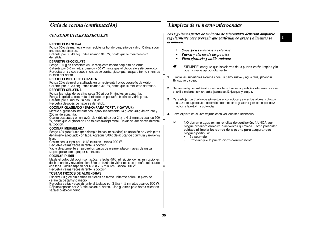 Samsung C109ST/XEC manual Limpieza de su horno microondas, Consejos Utiles Especiales 