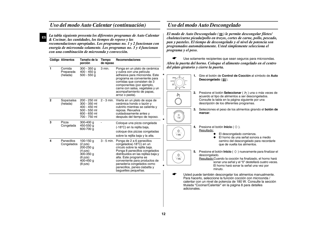 Samsung C109ST/XEC manual Uso del modo Auto Calentar continuación, Uso del modo Auto Descongelado 