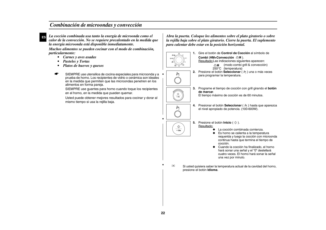 Samsung C109ST/XEC manual Combinación de microondas y convección, Combi HM+Convección 