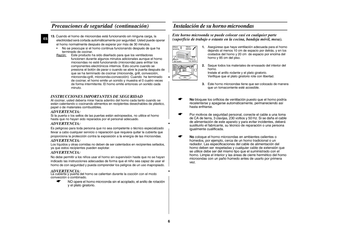 Samsung C109ST/XEC manual Precauciones de seguridad continuación, Instalación de su horno microondas, Advertencia 