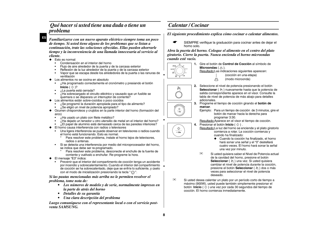 Samsung C109ST/XEC manual Qué hacer si usted tiene una duda o tiene un problema, Calentar / Cocinar 