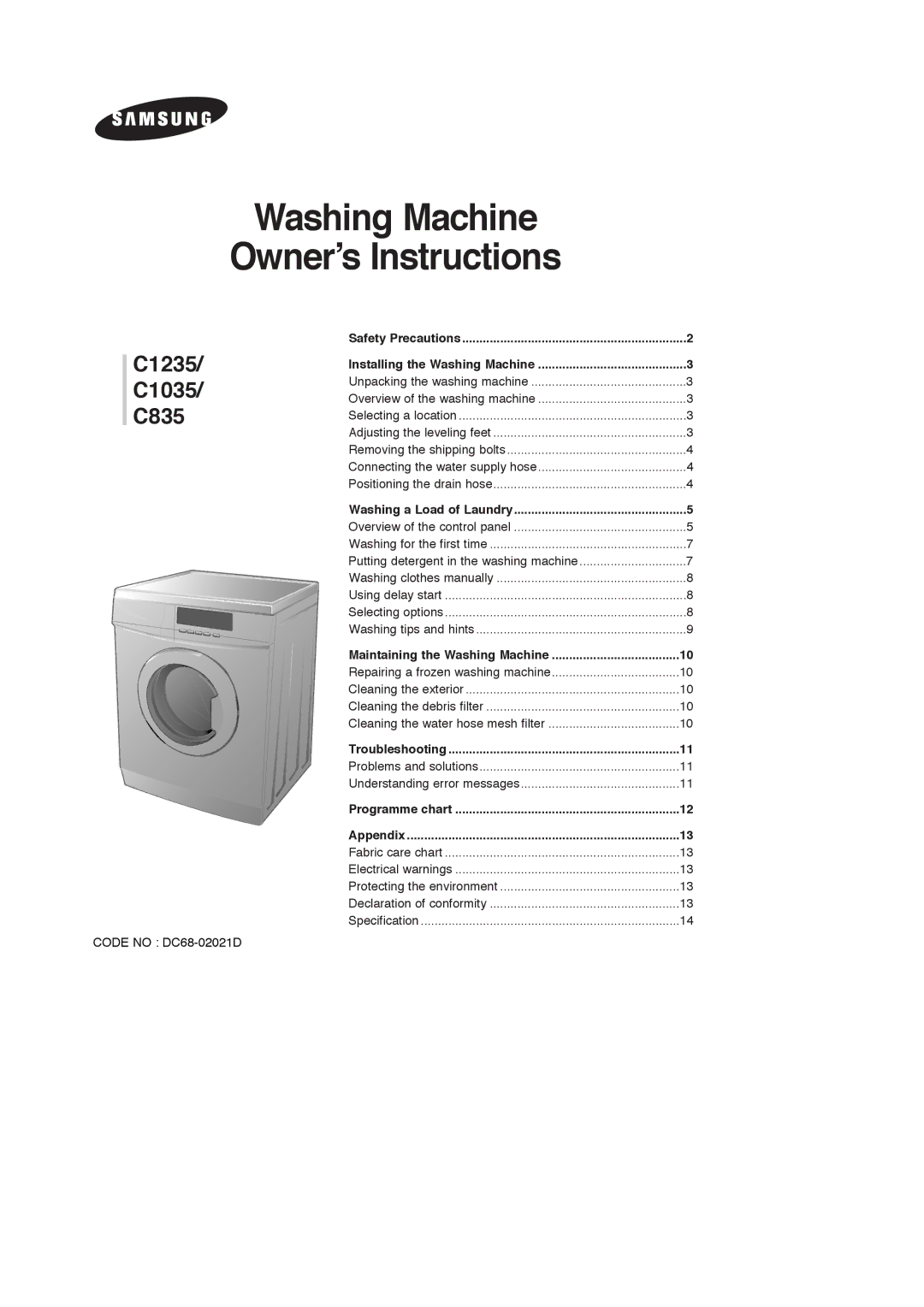 Samsung C1035, C1235, C835 appendix Washing Machine Owner’s Instructions 