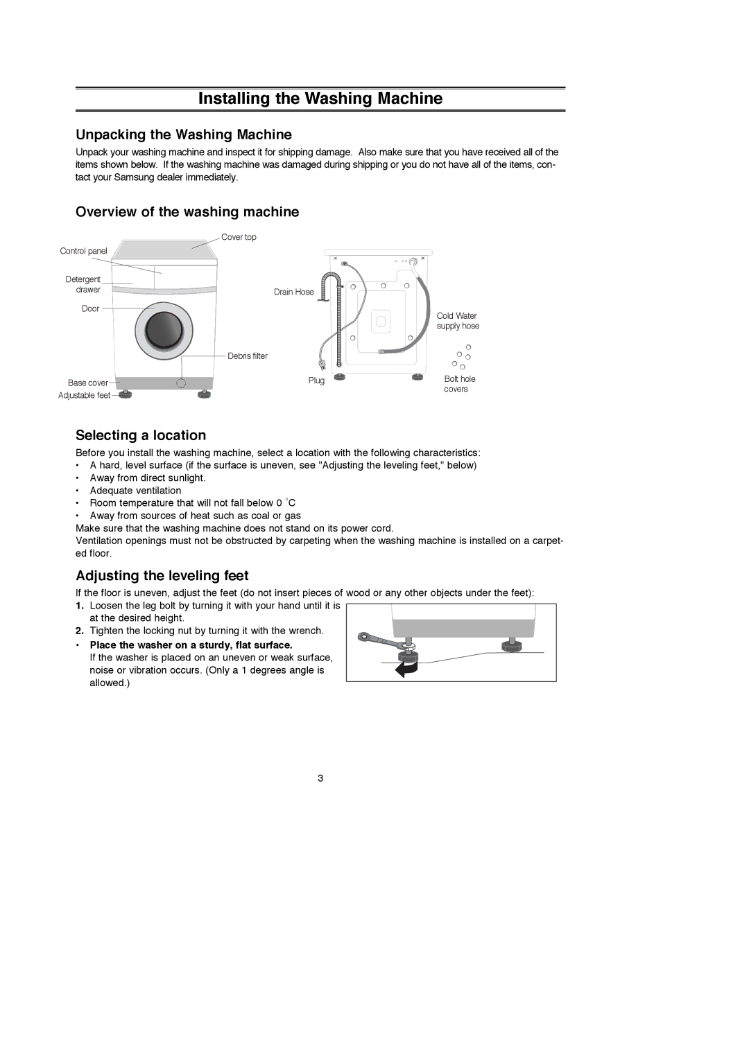 Samsung C1235, C1035, C835 Installing the Washing Machine, Unpacking the Washing Machine, Overview of the washing machine 